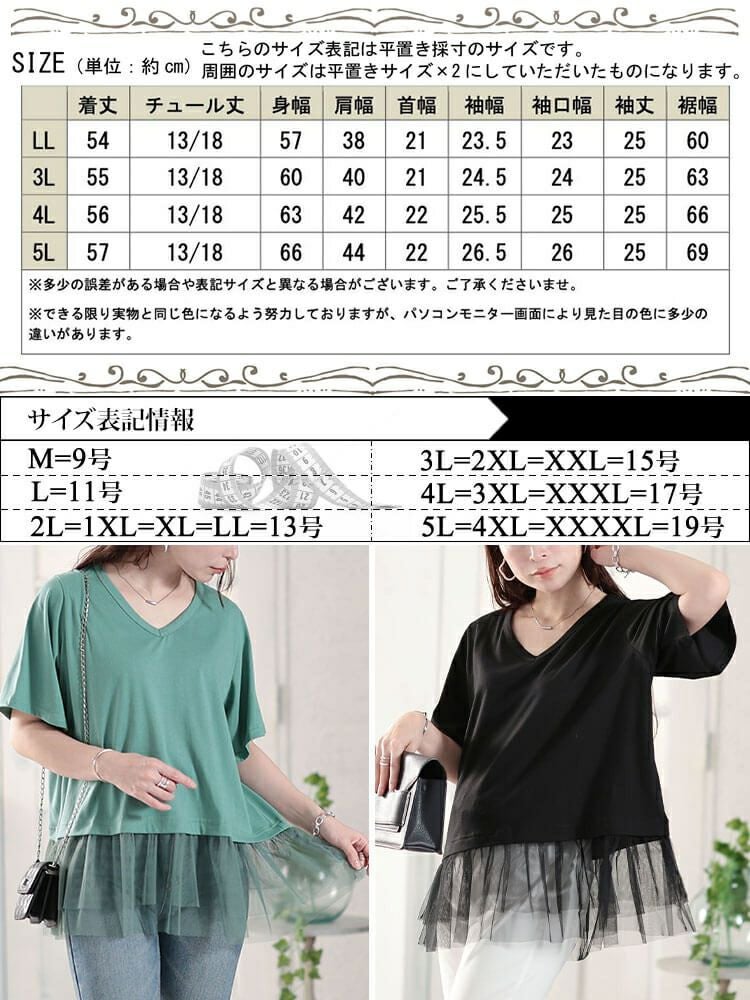 大きいサイズ レディース 裾ティアードチュール切り替えTシャツ　fem-588【メール便可】