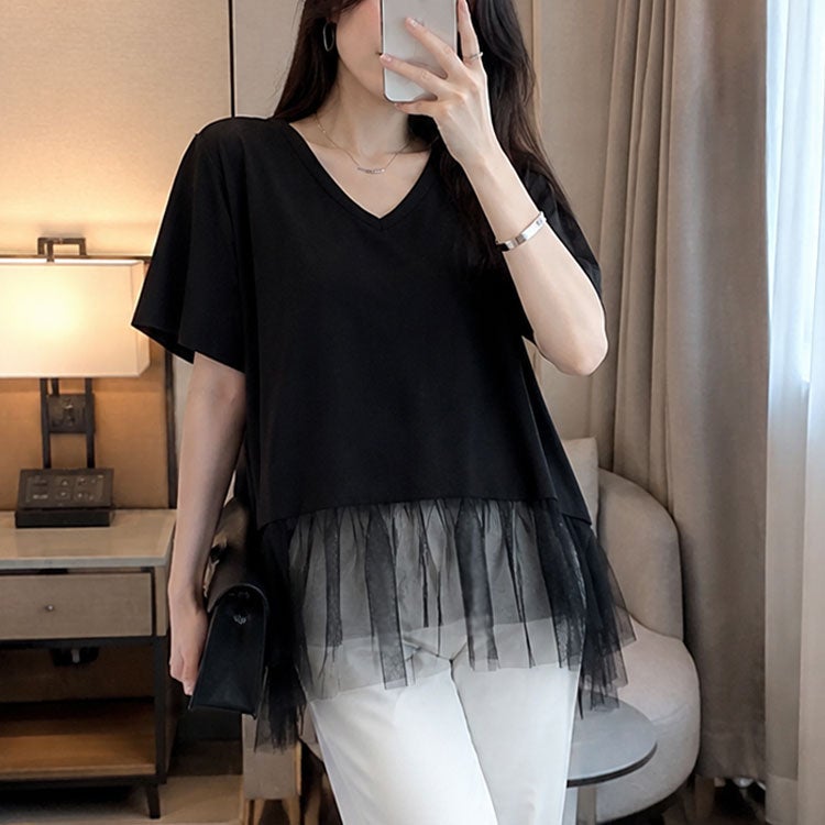 大きいサイズ レディース 裾ティアードチュール切り替えTシャツ　fem-588【メール便可】 ブラック