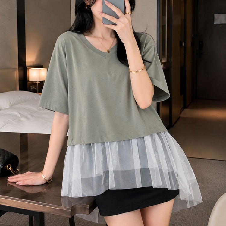 大きいサイズ レディース 裾ティアードチュール切り替えTシャツ　fem-588【メール便可】 グレー