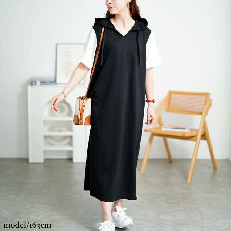 大きいサイズ レディース フェイクレイヤードフードワンピース　fem-587