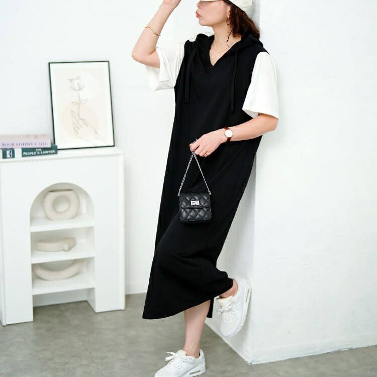 大きいサイズ レディース フェイクレイヤードフードワンピース　fem-587