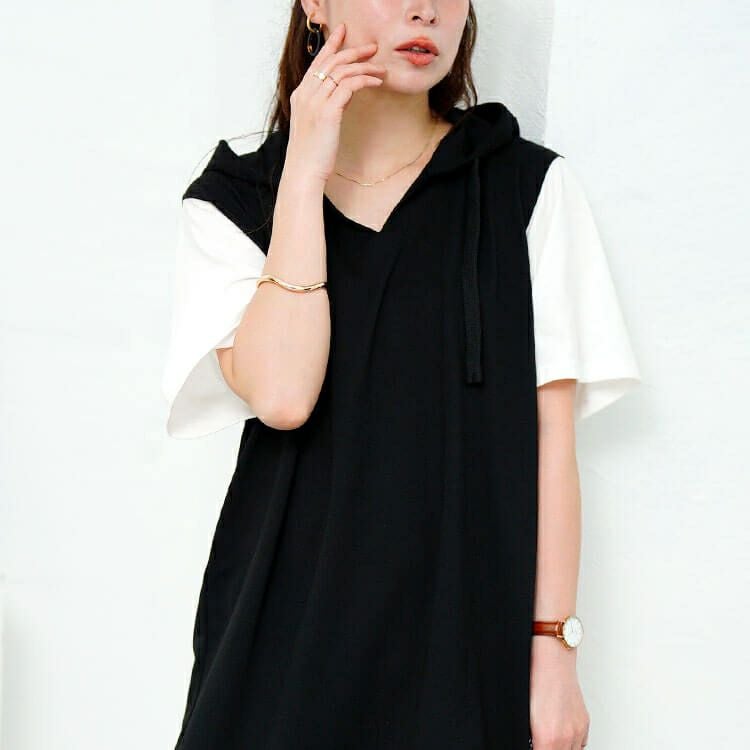 大きいサイズ レディース フェイクレイヤードフードワンピース　fem-587