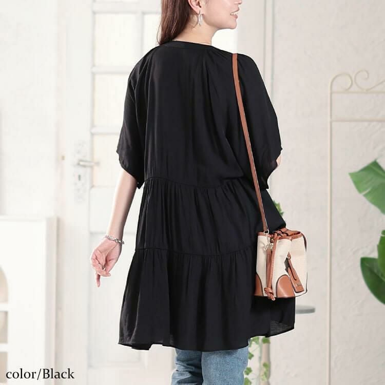 大きいサイズ レディース ティアードワッシャーミニワンピース　fem-582【メール便可】 ブラック