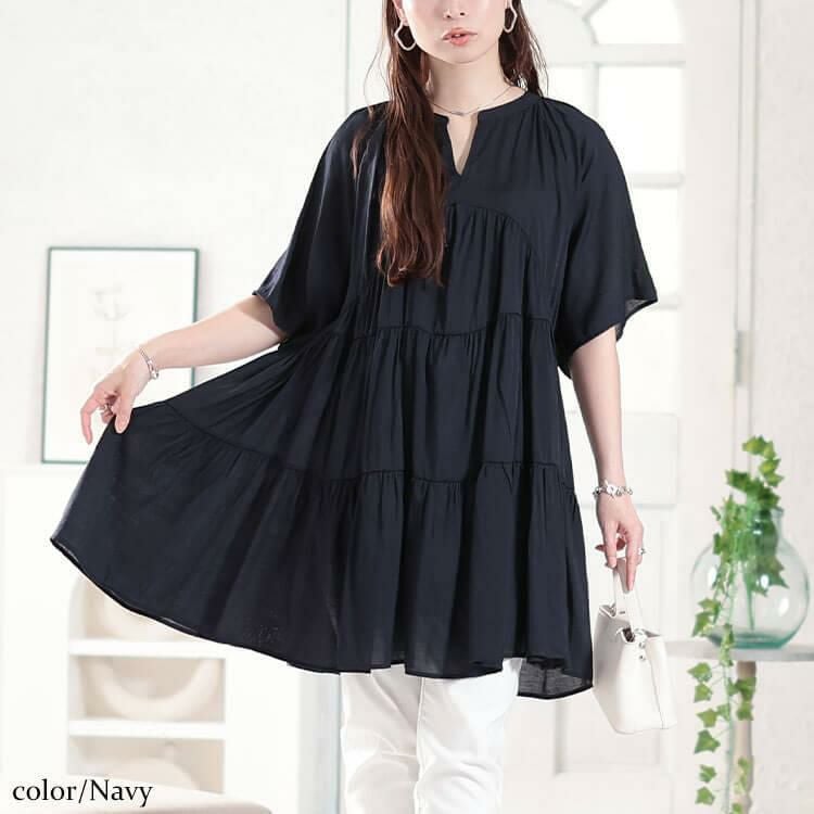 大きいサイズ レディース ティアードワッシャーミニワンピース　fem-582【メール便可】 ネイビー