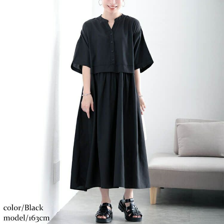 大きいサイズ レディース キーネック切り替えワンピース　fem-579