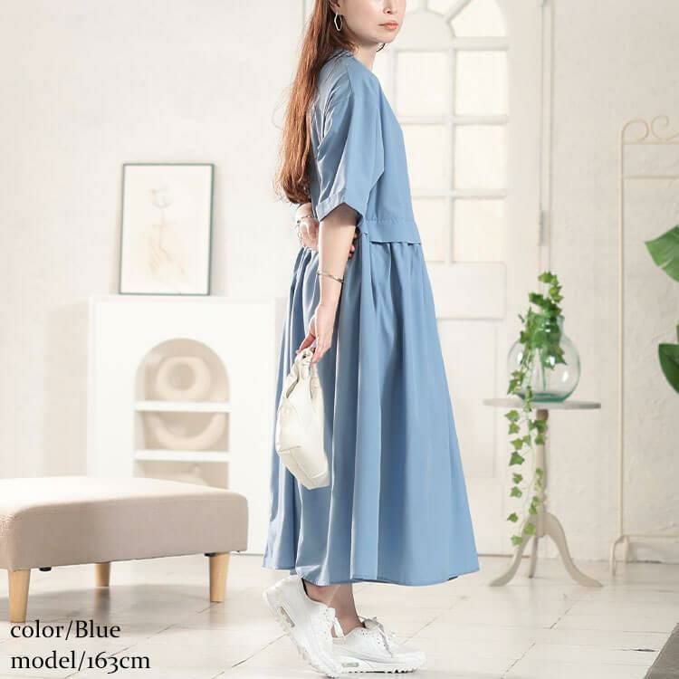 大きいサイズ レディース キーネック切り替えワンピース　fem-579 ブルー