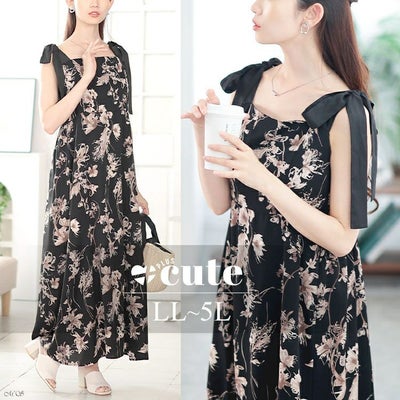 大きいサイズ レディース 花柄肩リボンキャミワンピース　tani-15603ll