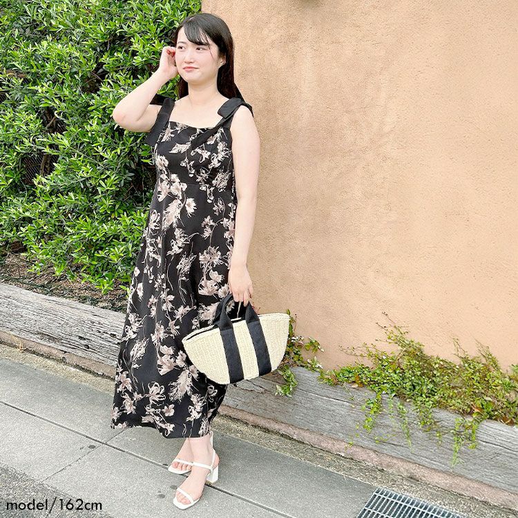大きいサイズ レディース 花柄肩リボンキャミワンピース　tani-15603ll