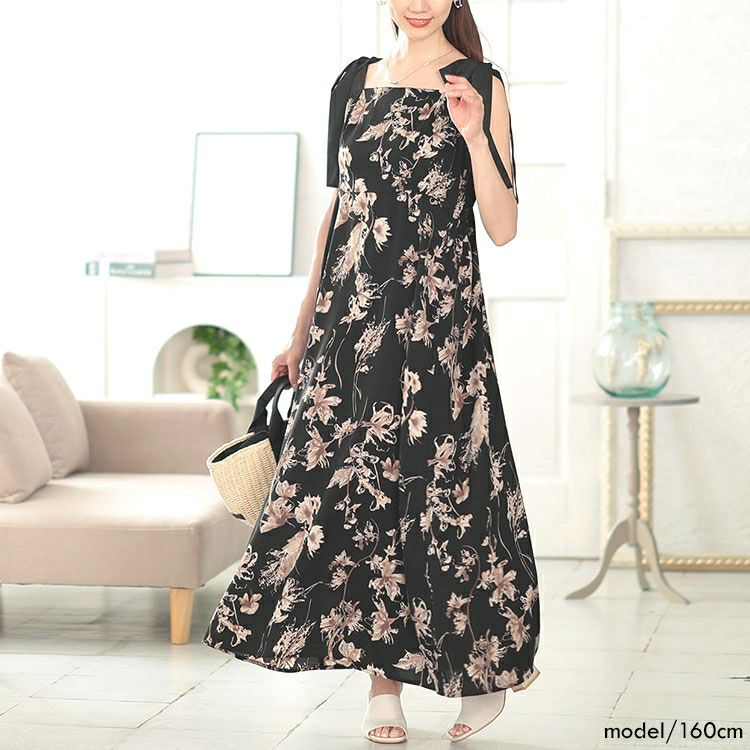 大きいサイズ レディース 花柄肩リボンキャミワンピース　tani-15603ll