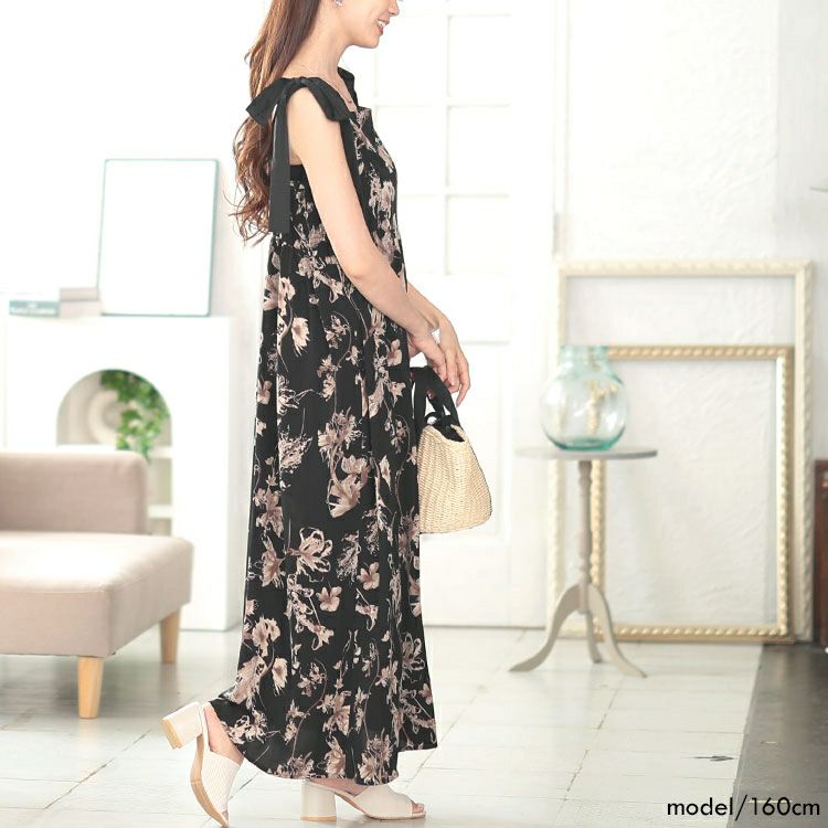 大きいサイズ レディース 花柄肩リボンキャミワンピース　tani-15603ll
