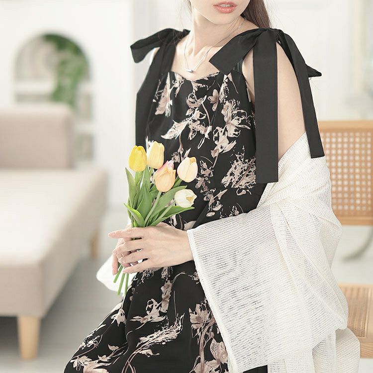 大きいサイズ レディース 花柄肩リボンキャミワンピース　tani-15603ll