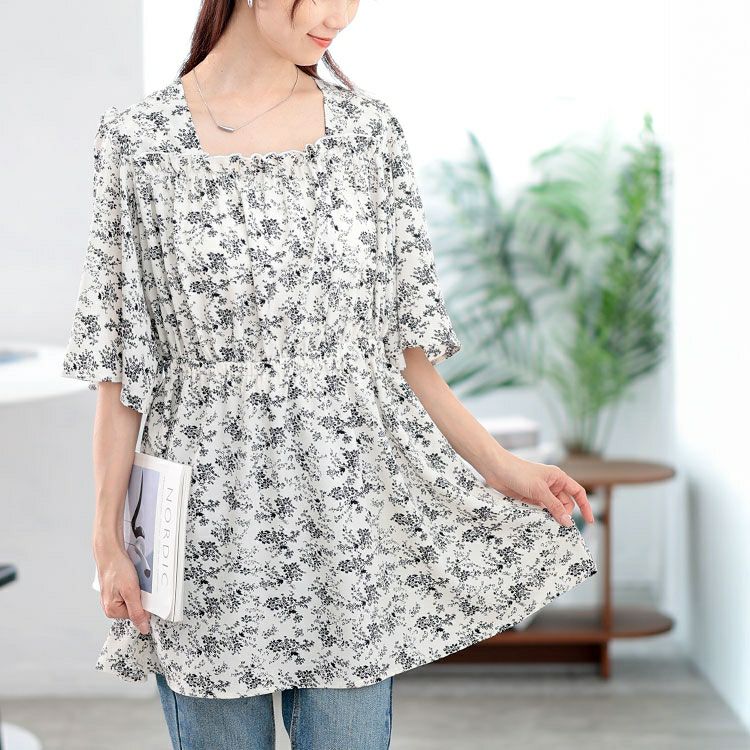 大きいサイズ レディース 花柄スクエアネックフレアスリーブチュニック　tani-36921ll 【メール便可】