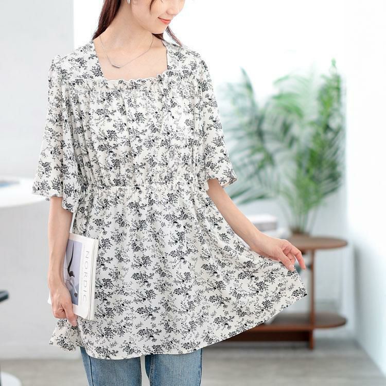 大きいサイズ レディース 花柄スクエアネックフレアスリーブチュニック　tani-36921ll 【メール便可】 オフホワイト