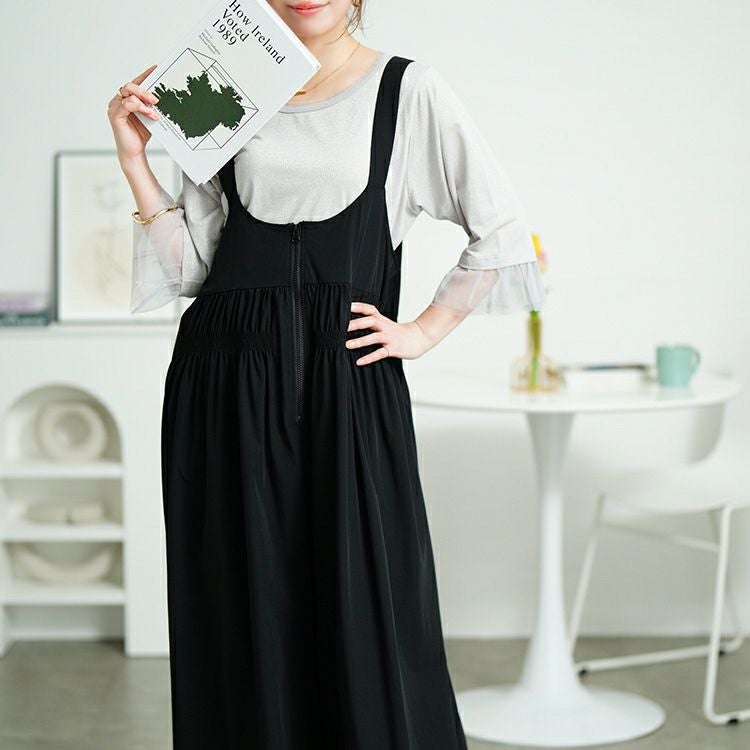 大きいサイズ レディース ウエストシャーリングサロペットパンツ　nw-25030