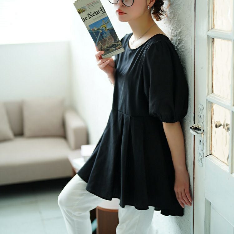 大きいサイズ レディース パフスリーブプリーツペプラムチュニック　tog-1047 【メール便可】