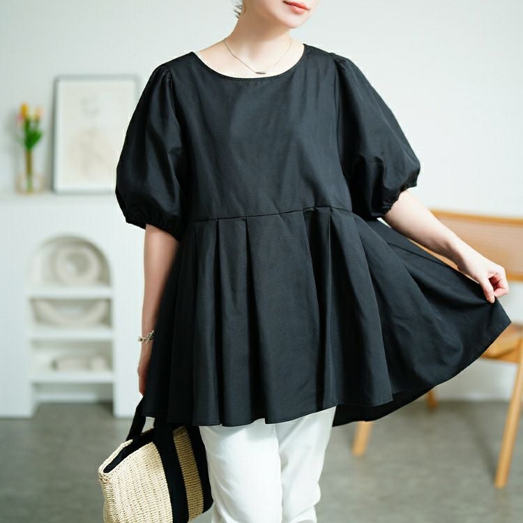 大きいサイズ レディース パフスリーブプリーツペプラムチュニック　tog-1047 【メール便可】