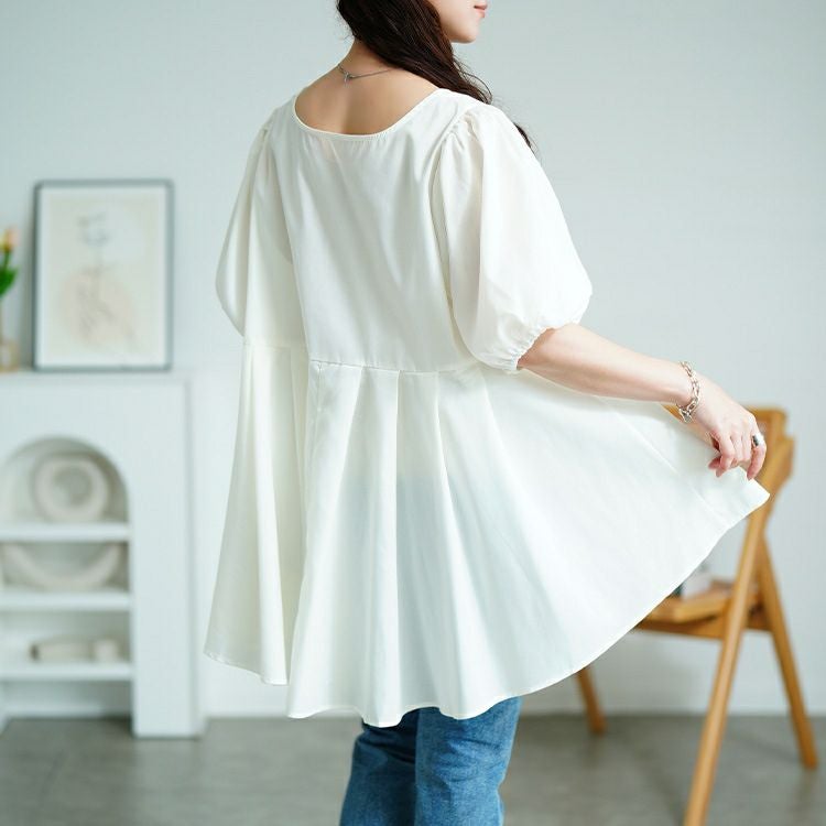 美品　YOKOCHAN チュニック　パフスリーブ　半袖　ブラウス　白　日本製 大きいサイズ レディース パフスリーブプリーツペプラムチュニック tog
