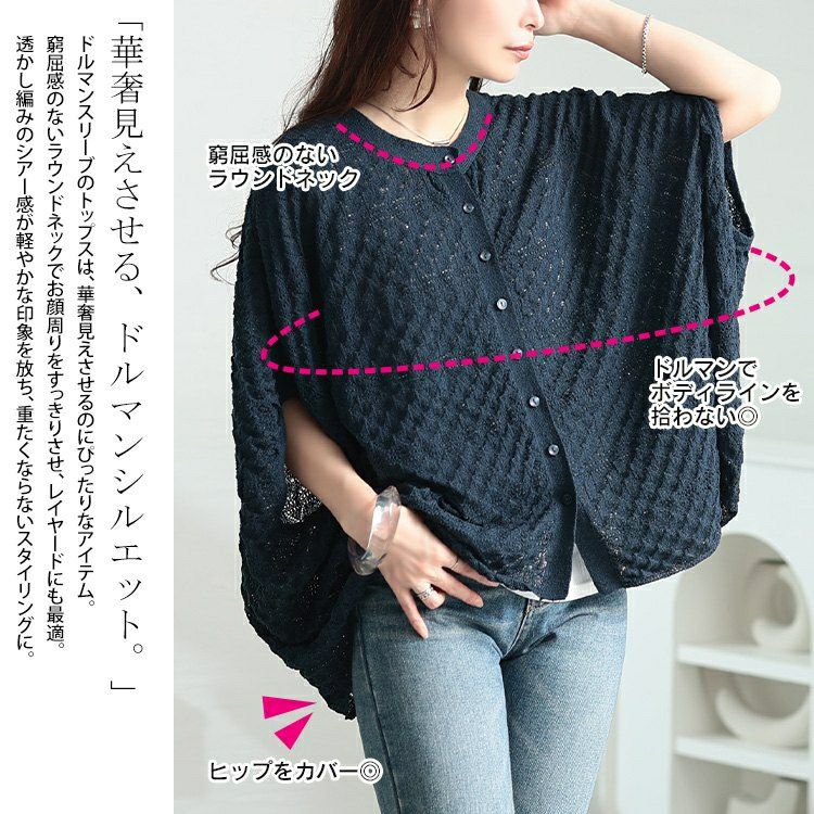 大きいサイズ レディース 透かし編みドルマンニットカーディガン　sum-0012