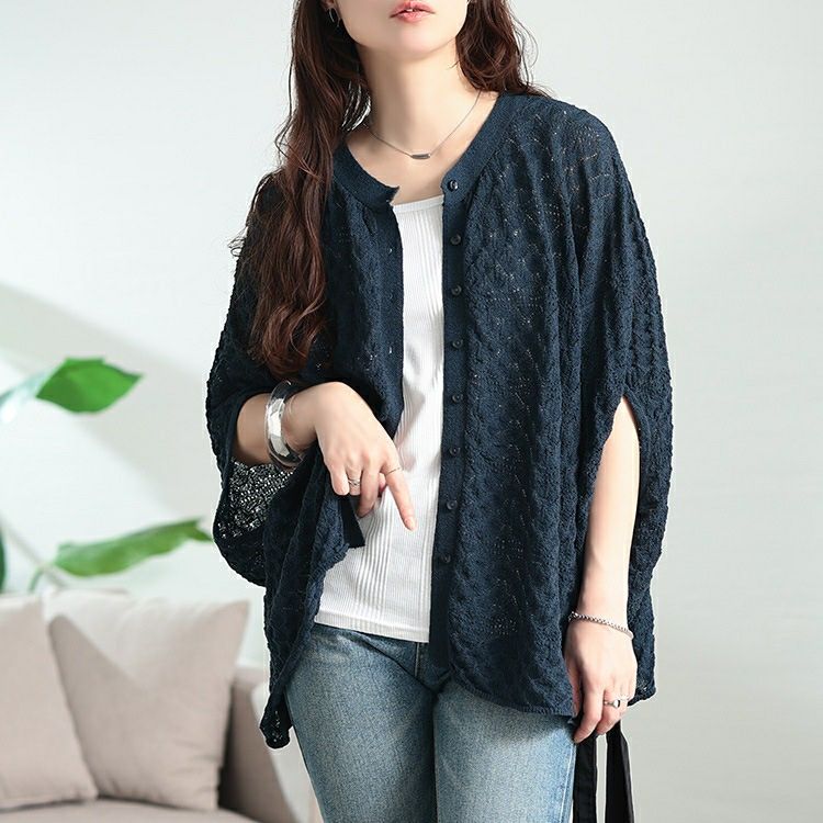 大きいサイズ レディース 透かし編みドルマンニットカーディガン　sum-0012