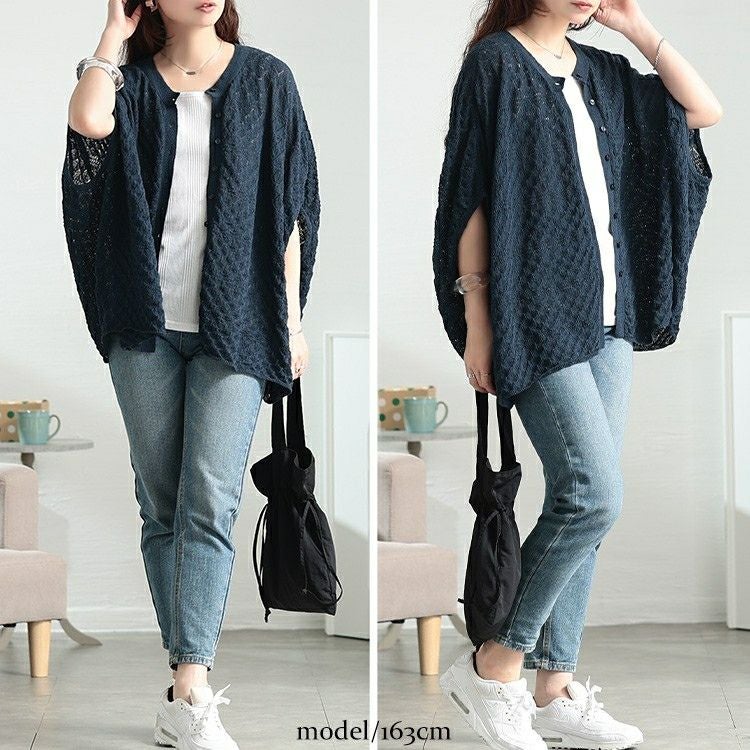 大きいサイズ レディース 透かし編みドルマンニットカーディガン　sum-0012