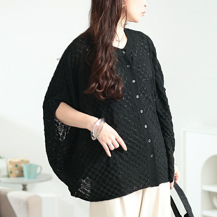 大きいサイズ レディース 透かし編みドルマンニットカーディガン　sum-0012