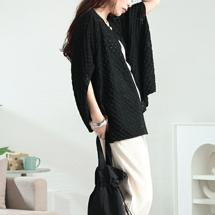 大きいサイズ レディース 透かし編みドルマンニットカーディガン　sum-0012