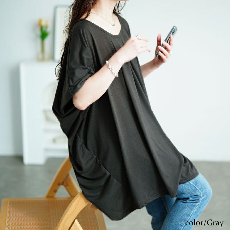 大きいサイズ レディース タックワイドドルマンチュニック　fem-584 【メール便可】