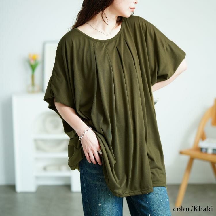 大きいサイズ レディース タックワイドドルマンチュニック　fem-584 【メール便可】 カーキ