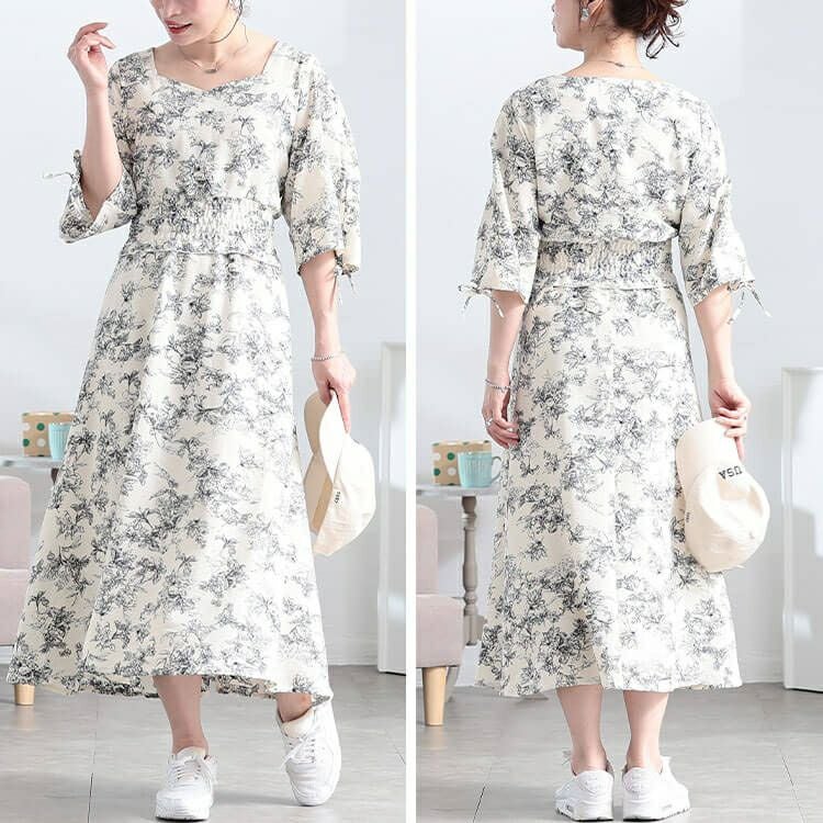 大きいサイズ レディース 花柄ハートネックドロストスリーブワンピース　fem-580