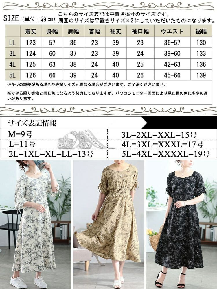 大きいサイズ レディース 花柄ハートネックドロストスリーブワンピース　fem-580