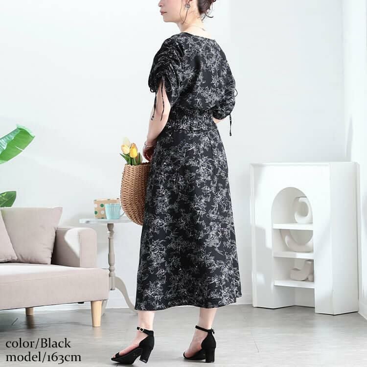 大きいサイズ レディース 花柄ハートネックドロストスリーブワンピース　fem-580 ブラック