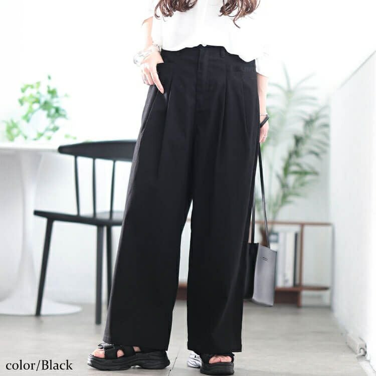大きいサイズ レディース ストレッチツイルタックセミワイドパンツ fem