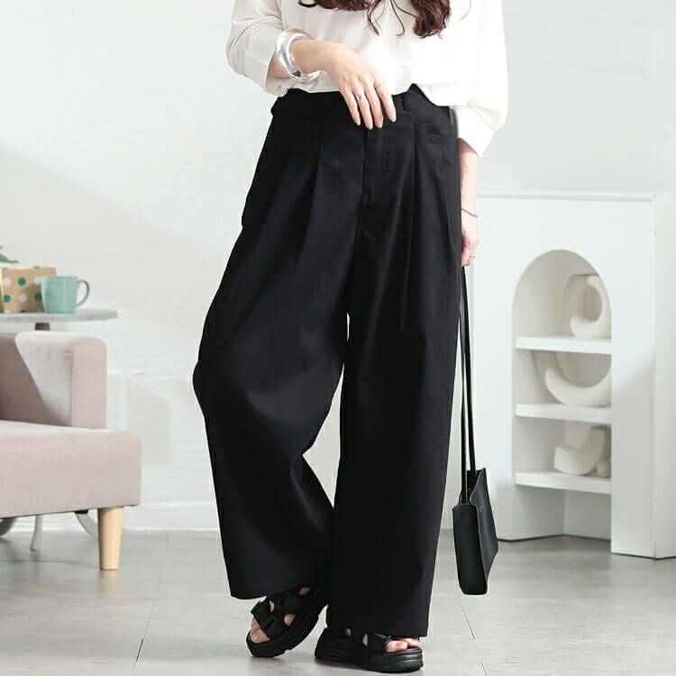 大きいサイズ レディース ストレッチツイルタックセミワイドパンツ　fem-555