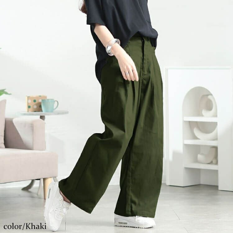 大きいサイズ レディース ストレッチツイルタックセミワイドパンツ　fem-555