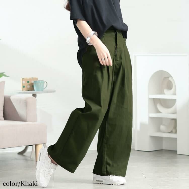大きいサイズ レディース ストレッチツイルタックセミワイドパンツ　fem-555 カーキ
