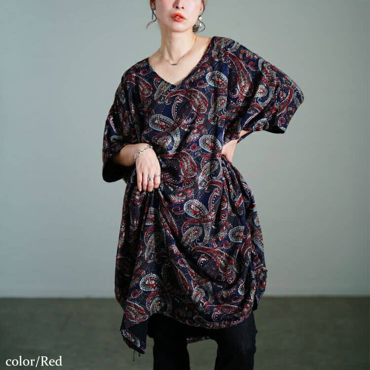 大きいサイズ レディース ペイズリー柄ドロストBOXチュニック　maru-30183 【メール便可】