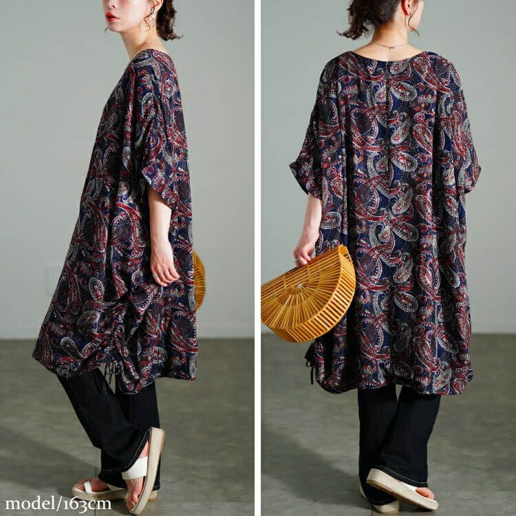 大きいサイズ レディース ペイズリー柄ドロストBOXチュニック　maru-30183 【メール便可】