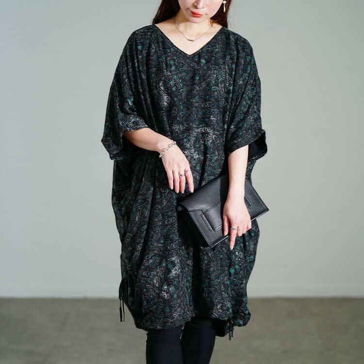 大きいサイズ レディース ペイズリー柄ドロストBOXチュニック　maru-30183 【メール便可】 グリーン