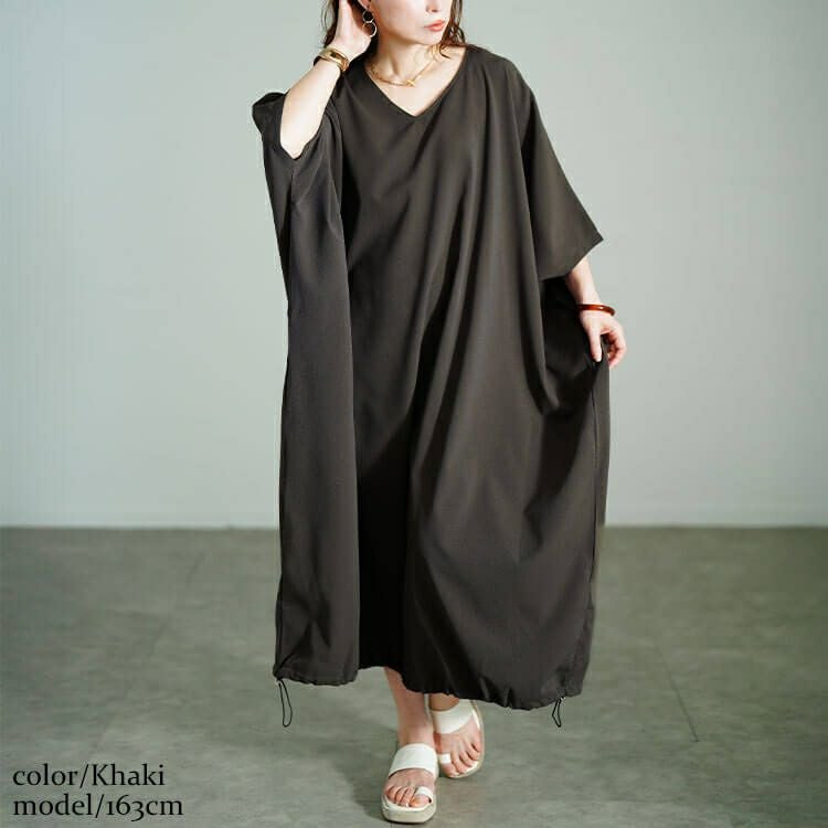 大きいサイズ レディース 楊柳Vネック裾ドロストドルマンワンピース　maru-30182 【メール便可】