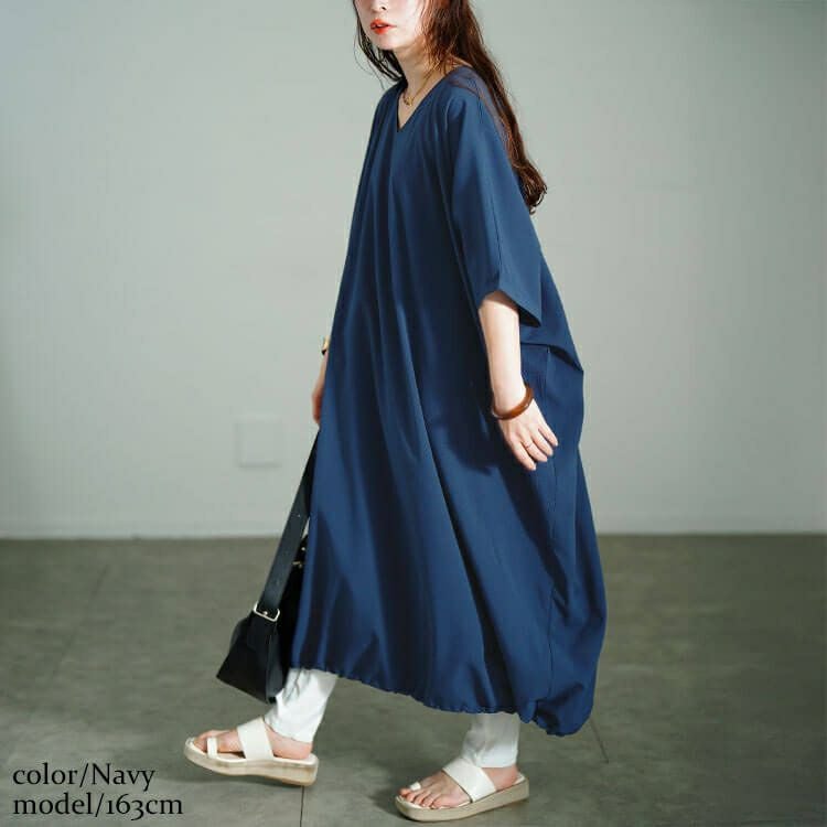 大きいサイズ レディース 楊柳Vネック裾ドロストドルマンワンピース　maru-30182 【メール便可】