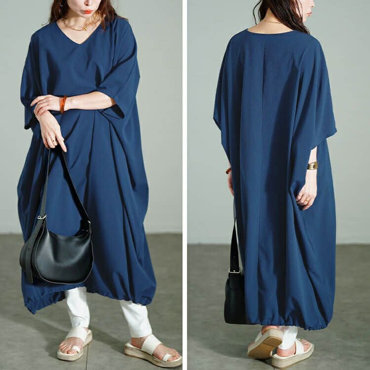 大きいサイズ レディース 楊柳Vネック裾ドロストドルマンワンピース　maru-30182 【メール便可】