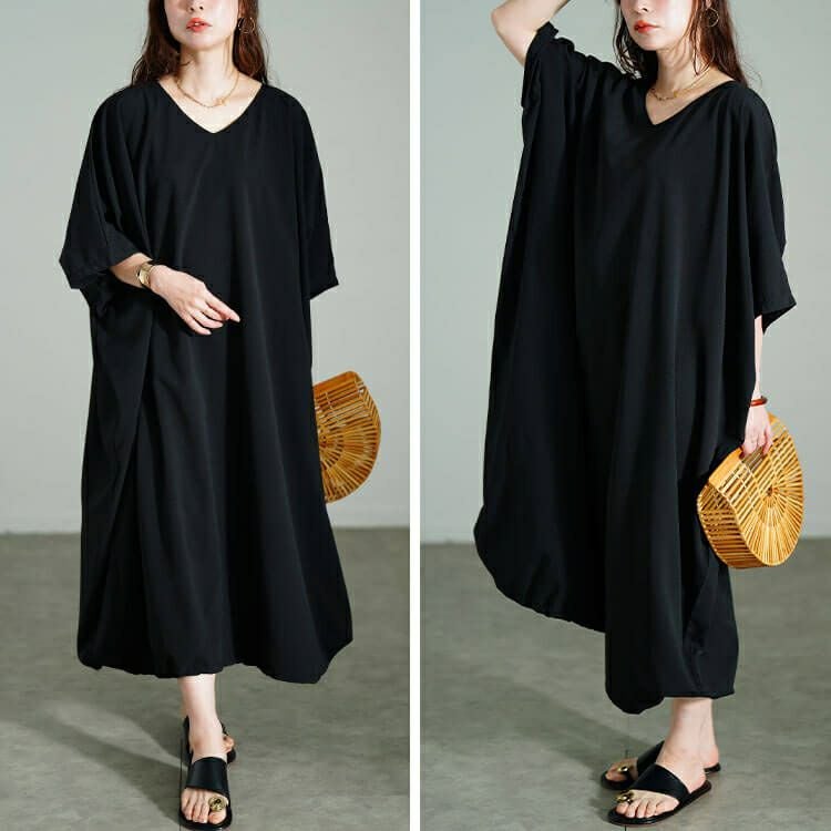 大きいサイズ レディース 楊柳Vネック裾ドロストドルマンワンピース　maru-30182 【メール便可】