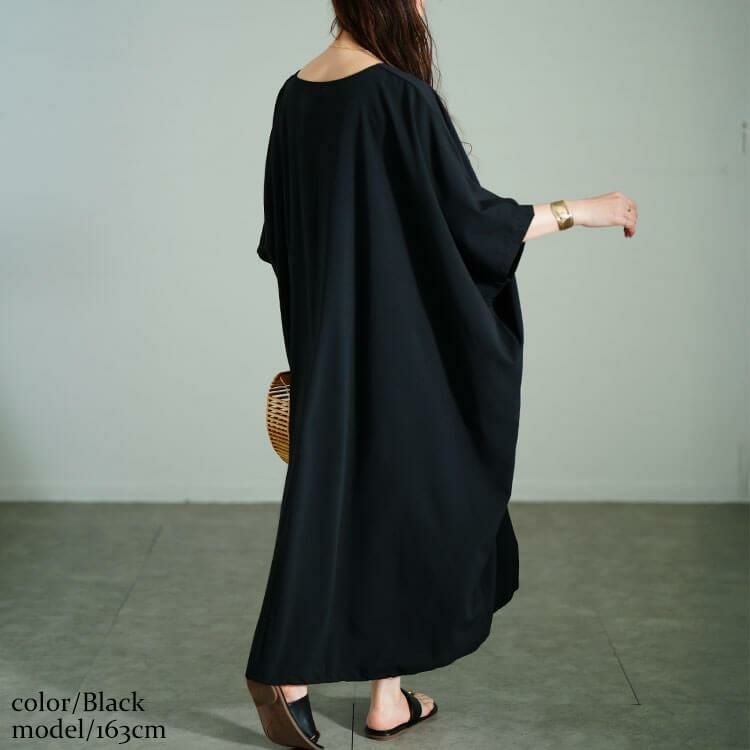 大きいサイズ レディース 楊柳Vネック裾ドロストドルマンワンピース　maru-30182 【メール便可】 ブラック