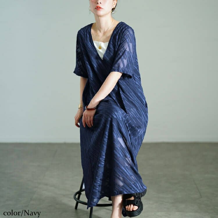 大きいサイズ レディース スラッシュシフォンジャガードワンピース　maru-30181 【メール便可】
