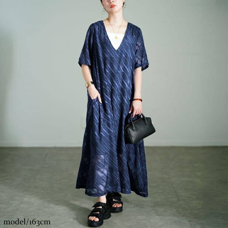 大きいサイズ レディース スラッシュシフォンジャガードワンピース　maru-30181 【メール便可】