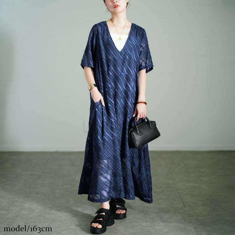 大きいサイズ レディース スラッシュシフォンジャガードワンピース　maru-30181 【メール便可】 ネイビー
