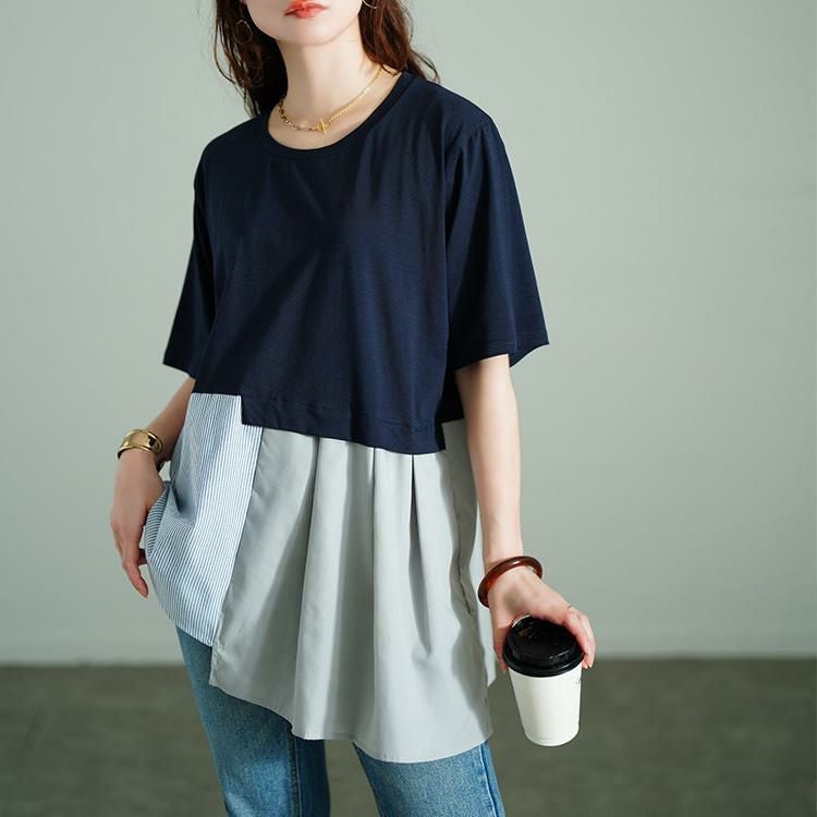 大きいサイズ レディース アシメ異素材切り替えチュニックTシャツ　tog-1033 【メール便可】 ネイビー