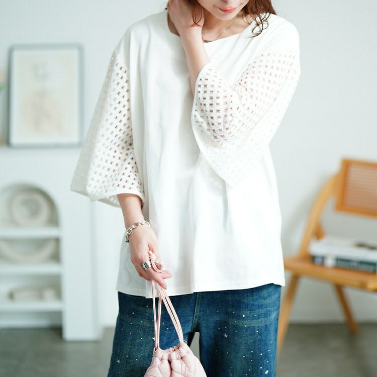 大きいサイズ レディース 格子レースフレアスリーブカットソー　tog-1034 【メール便可】