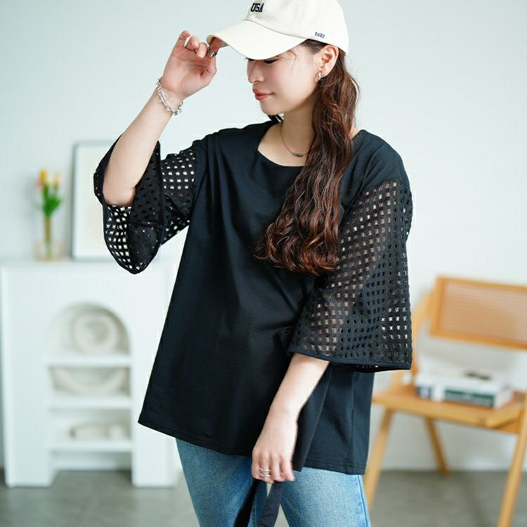 大きいサイズ レディース 格子レースフレアスリーブカットソー　tog-1034 【メール便可】