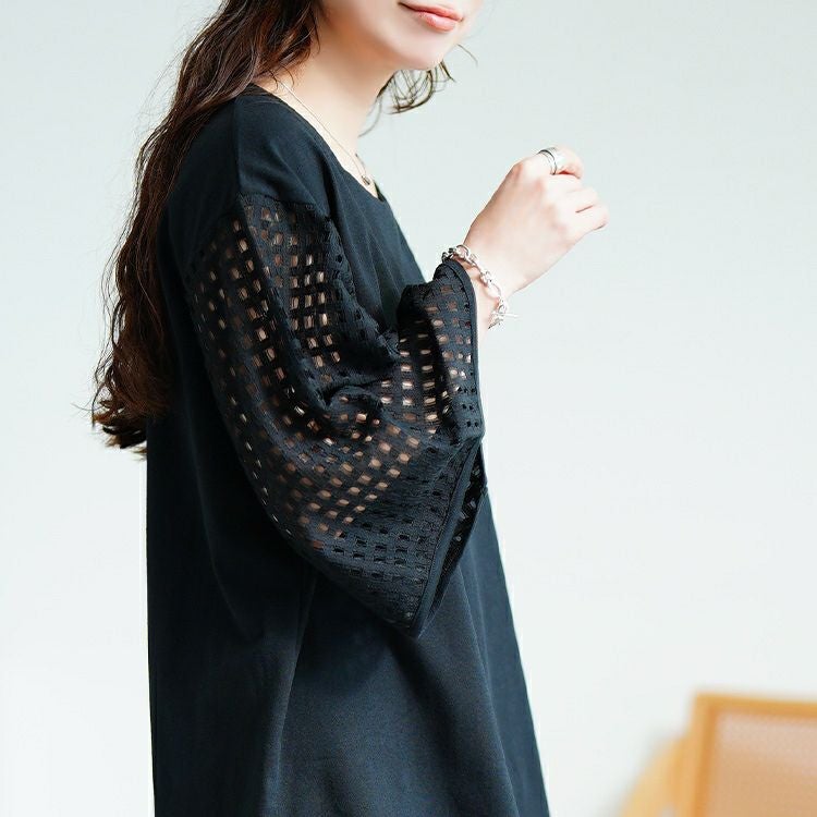 大きいサイズ レディース 格子レースフレアスリーブカットソー　tog-1034 【メール便可】